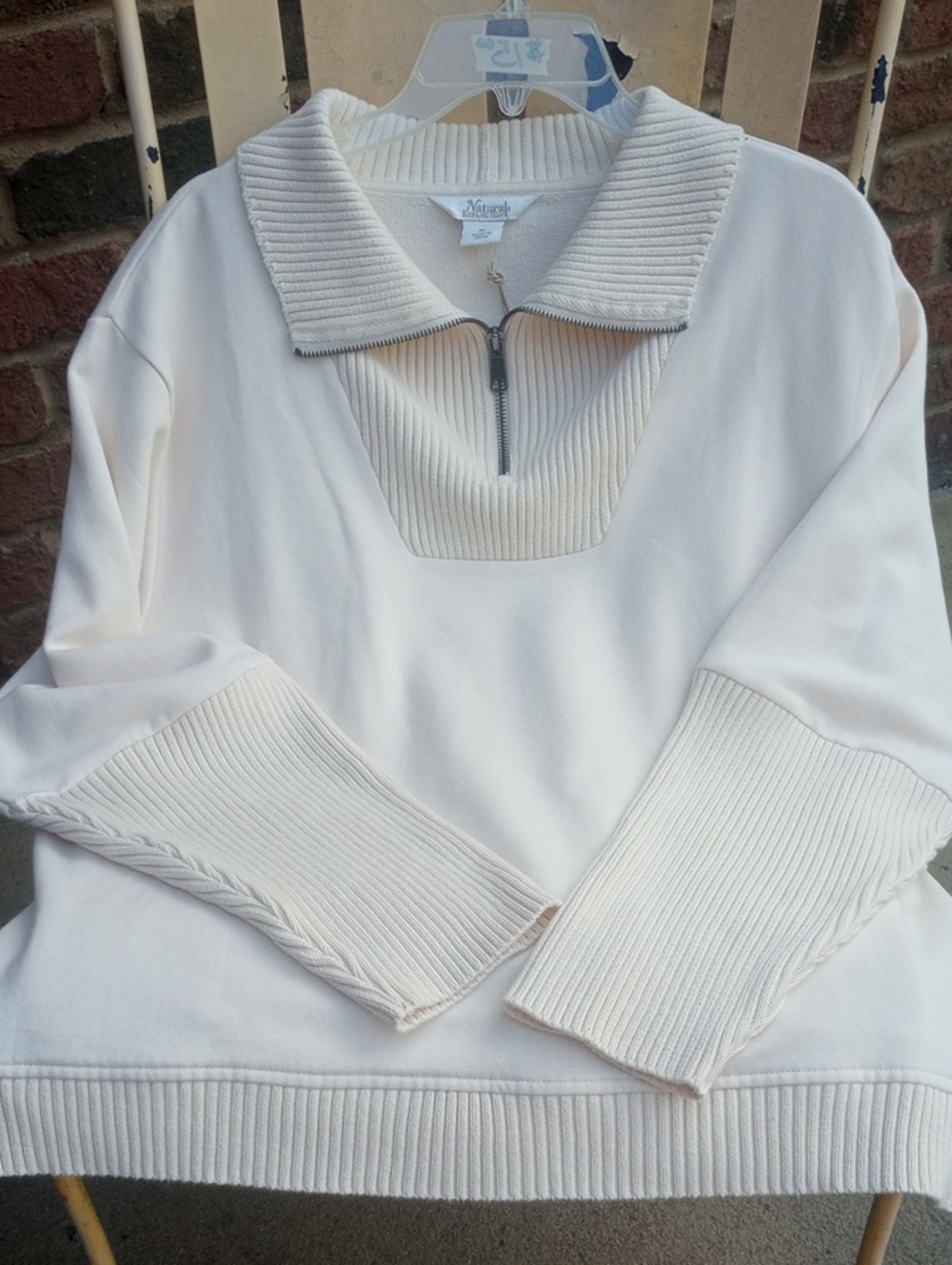 Natural Cream Ribbed Knit And Fleece Half-Zip Pullover